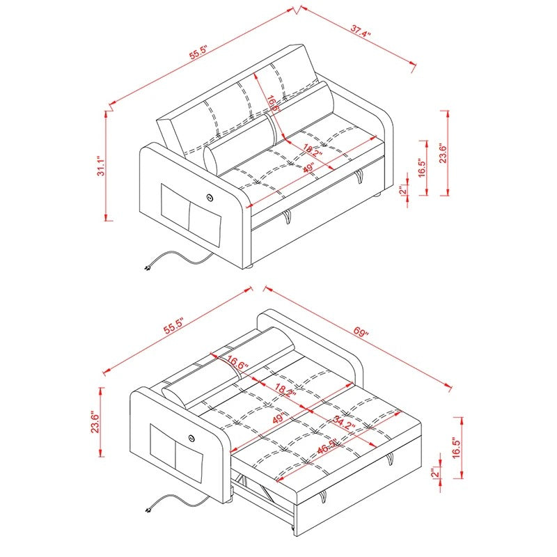 Canapé-lit convertible moderne en velours capitonné avec rangement et port USB