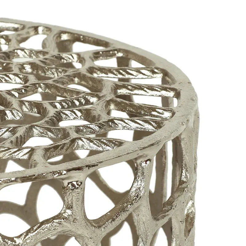 Round Aluminum Side Table with Mesh Pattern in Nickel Finish