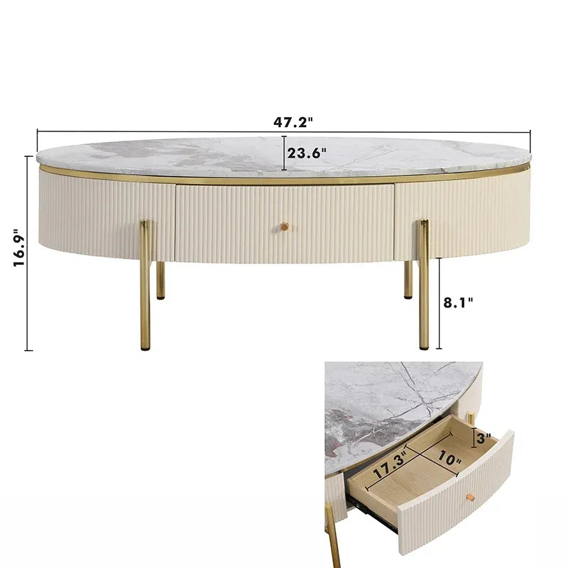 Table basse ovale blanche avec plateau en faux marbre et 2 grands tiroirs