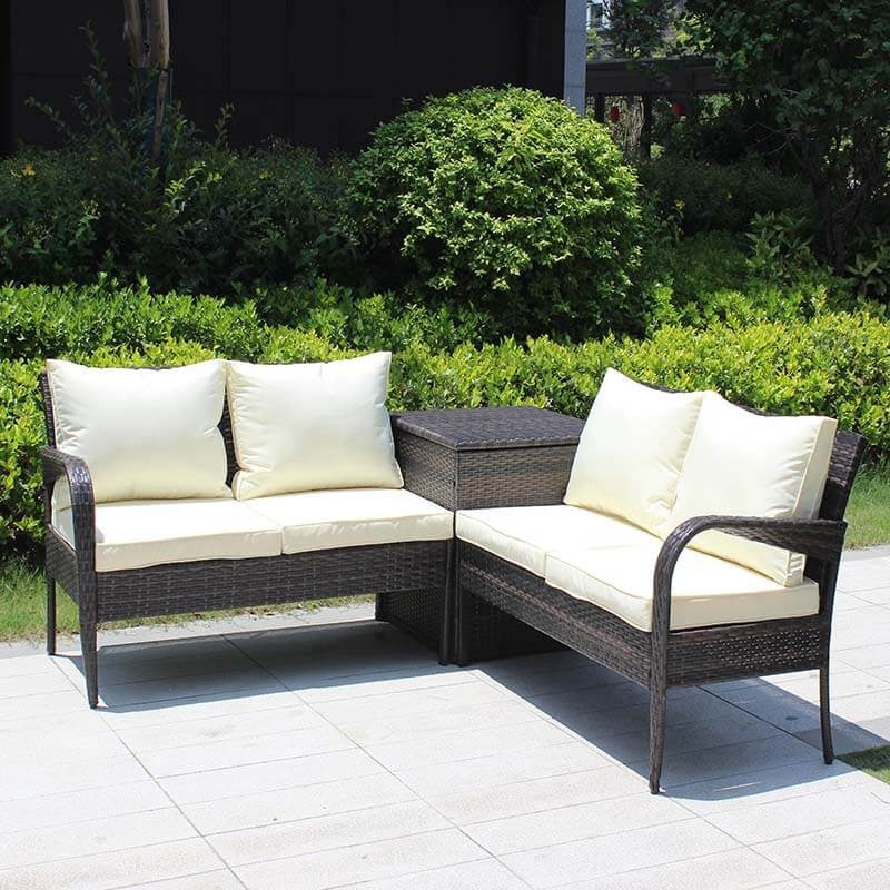 Brown 3-Piece Rattan Outdoor Sectional Sofa Set with Storage Table & Beige Cushions