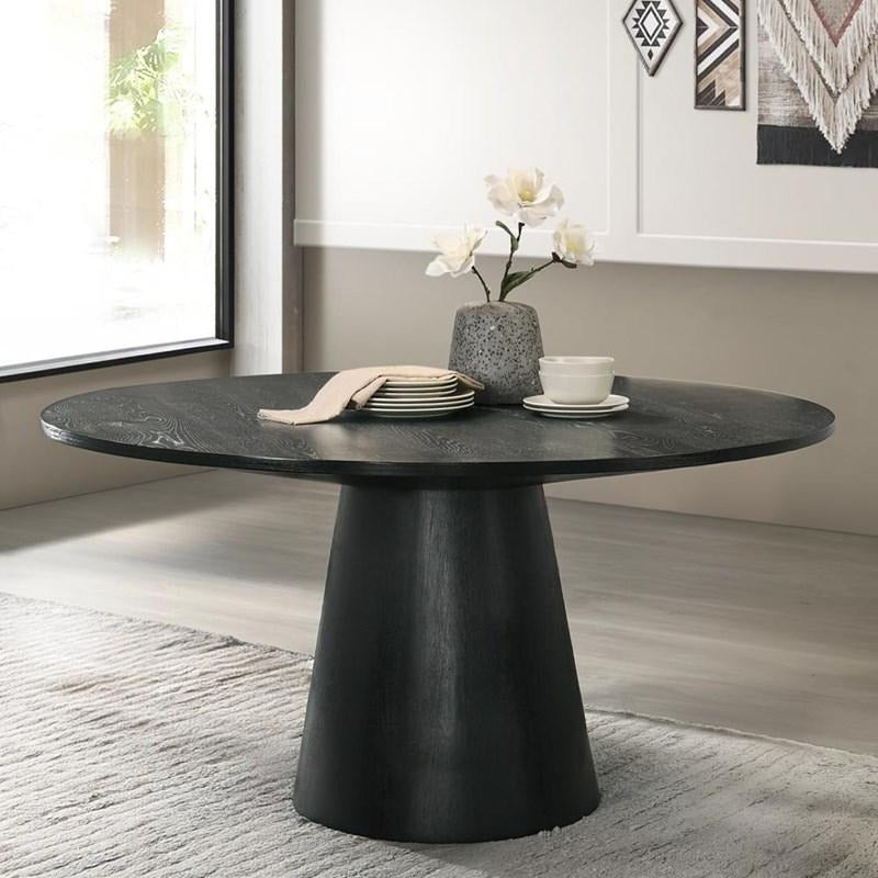 Black Round Dining Table Set with Beige Upholstered Chairs & Wood Pedestal Base