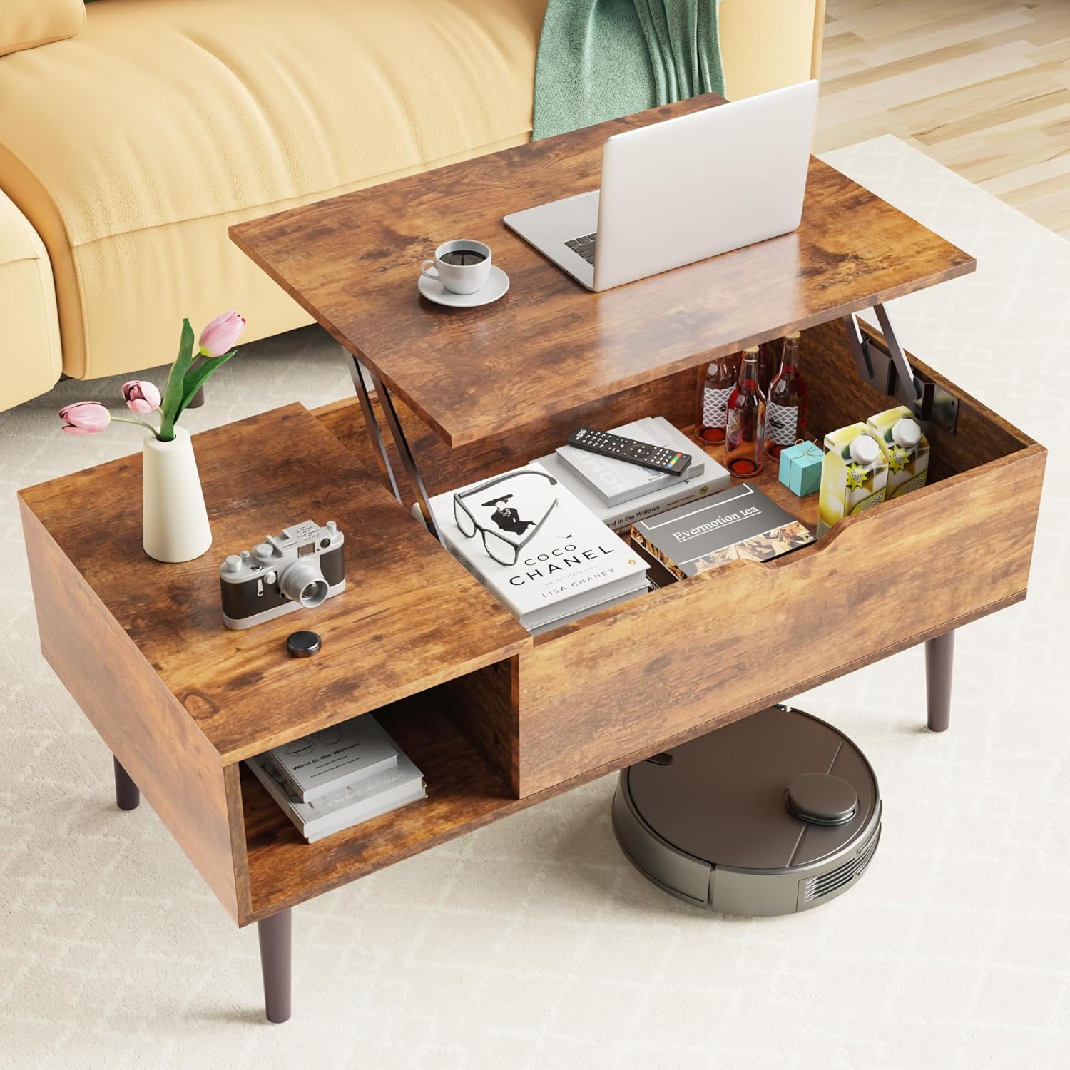 Table basse moderne rustique en bois brun avec plateau relevable, rangement et étagère