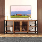 Meuble TV industriel en noyer et métal avec placard à porte grillagée et étagères ouvertes