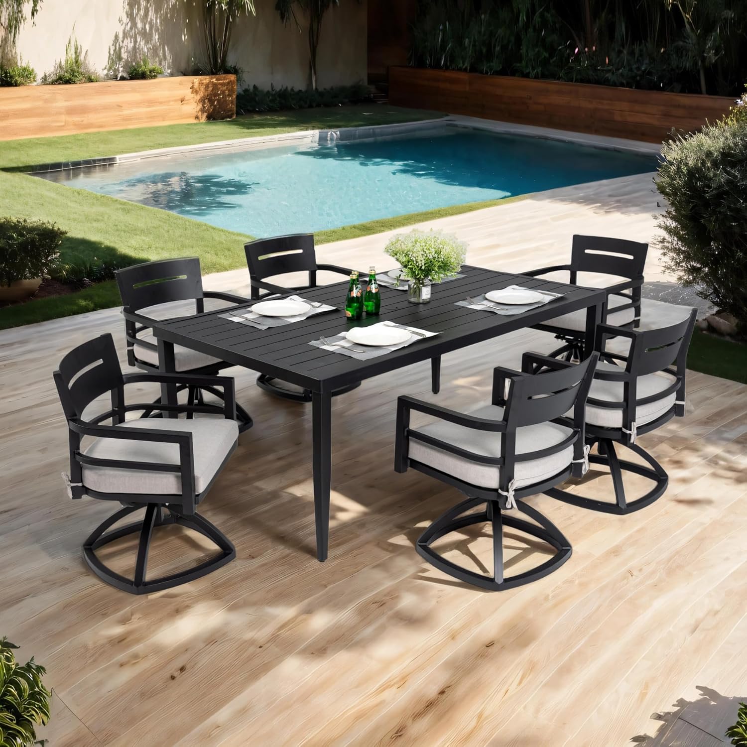 Black Aluminum 7-Piece Outdoor Dining Set - Table, Chairs & Swivel Rockers