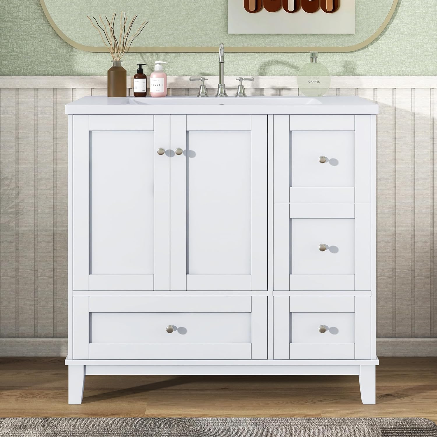 Meuble-lavabo blanc moderne avec chargeur USB, tiroirs et lavabo