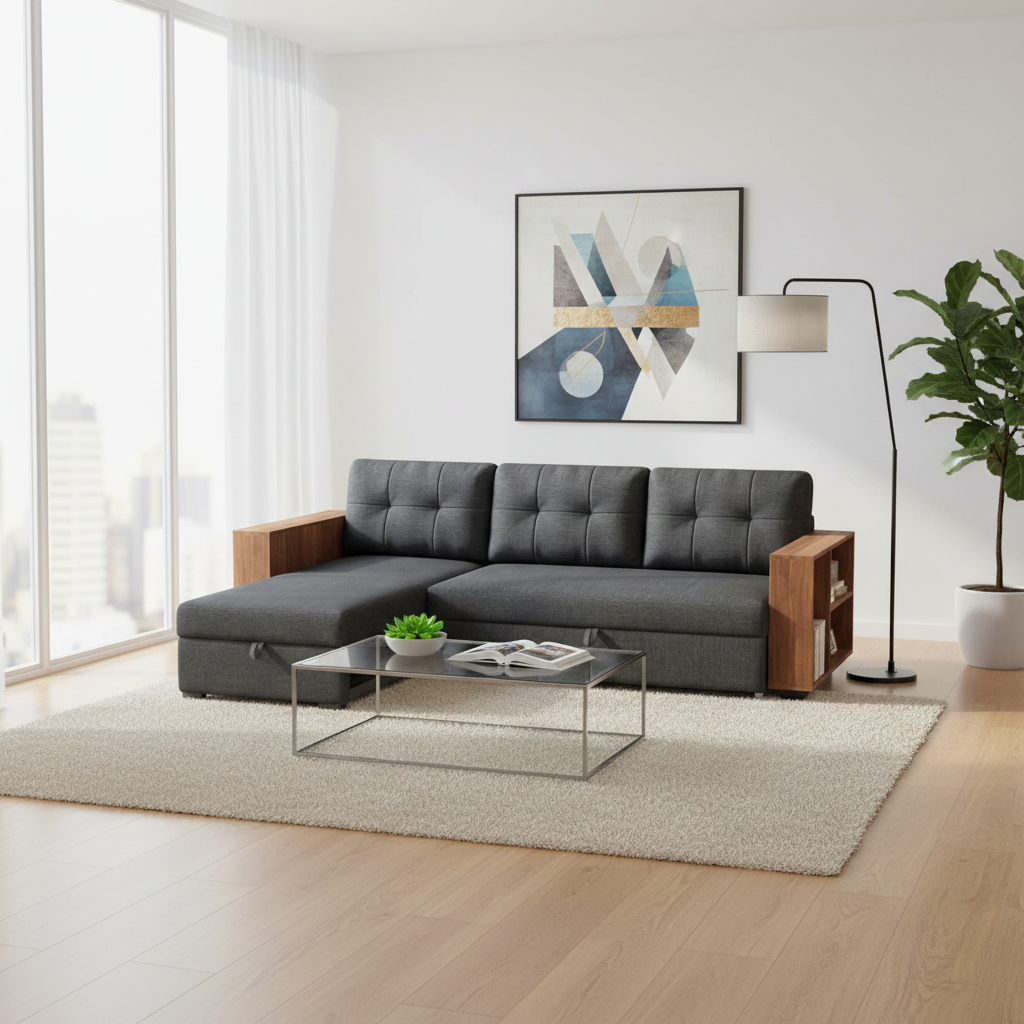 Modern L-Shaped Sectional Sleeper Sofa with Pull Out Bed & Storage