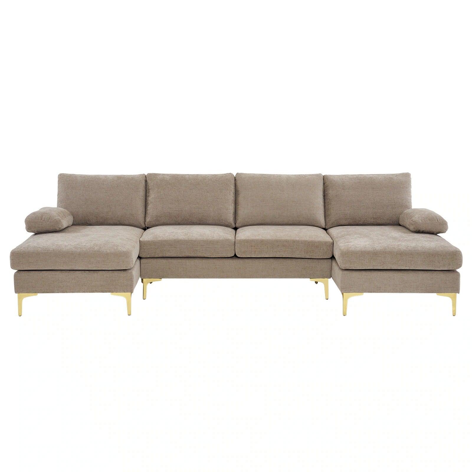 Canapé d'angle moderne en forme de U couleur camel avec méridienne et pieds en métal doré