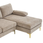 Canapé d'angle moderne en forme de U couleur camel avec méridienne et pieds en métal doré
