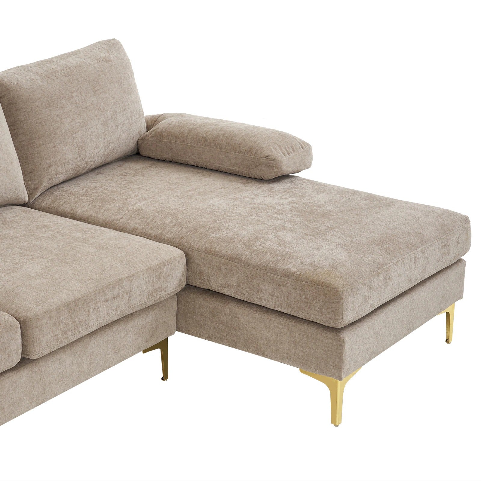 Canapé d'angle moderne en forme de U couleur camel avec méridienne et pieds en métal doré