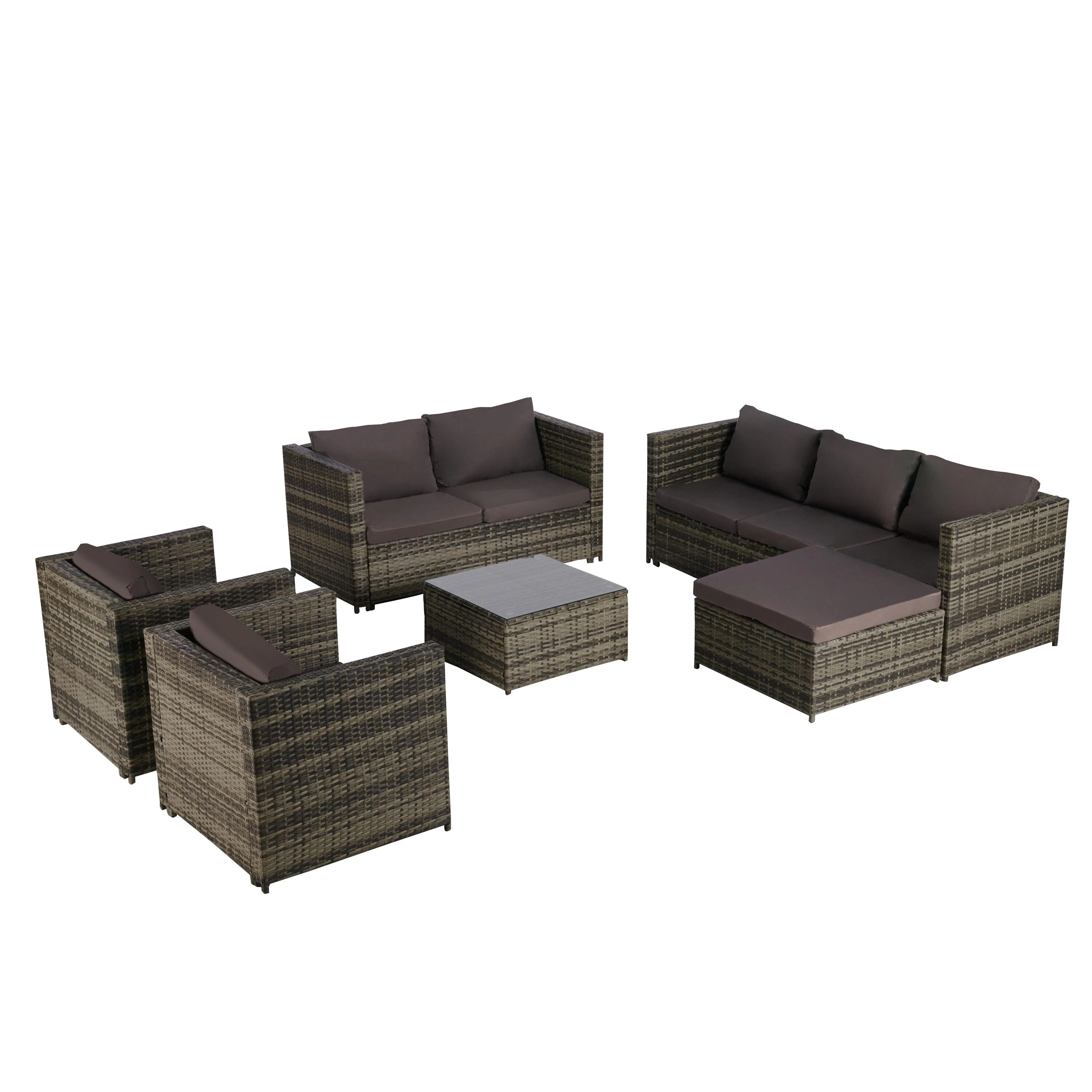 Dunkelgraue 6-teilige Gartenmöbelgarnitur aus Rattan mit Kissen und Glastisch