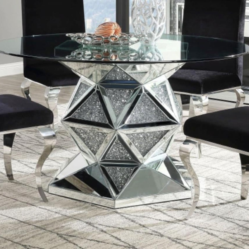 Round Acrylic Diamond Accents Glass Dining Table with Mirrored Pedestal Base