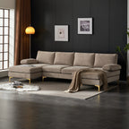 Canapé d'angle moderne en forme de U couleur camel avec méridienne et pieds en métal doré