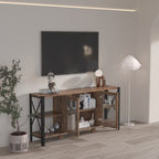 Meuble TV industriel en noyer et métal avec placard à porte grillagée et étagères ouvertes