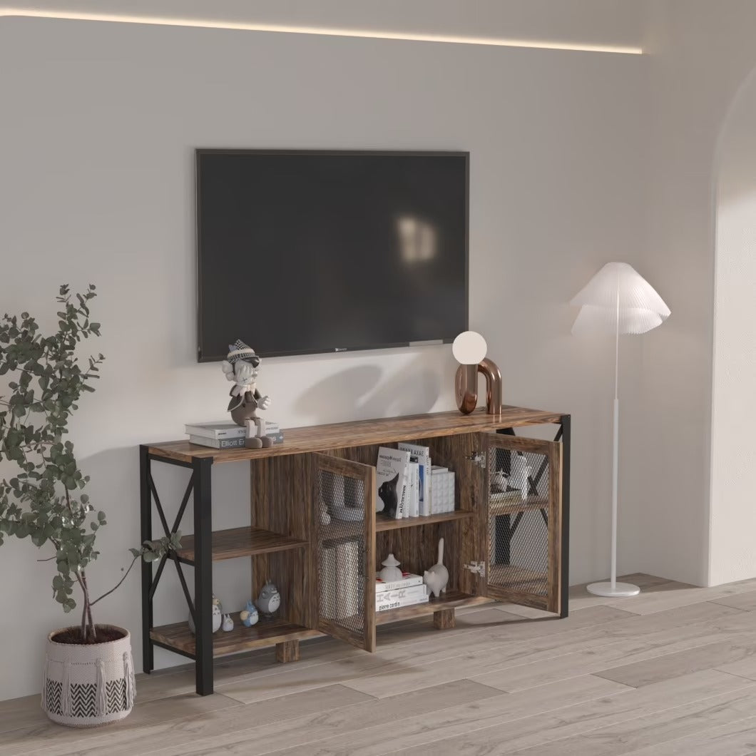 Meuble TV industriel en noyer et métal avec placard à porte grillagée et étagères ouvertes