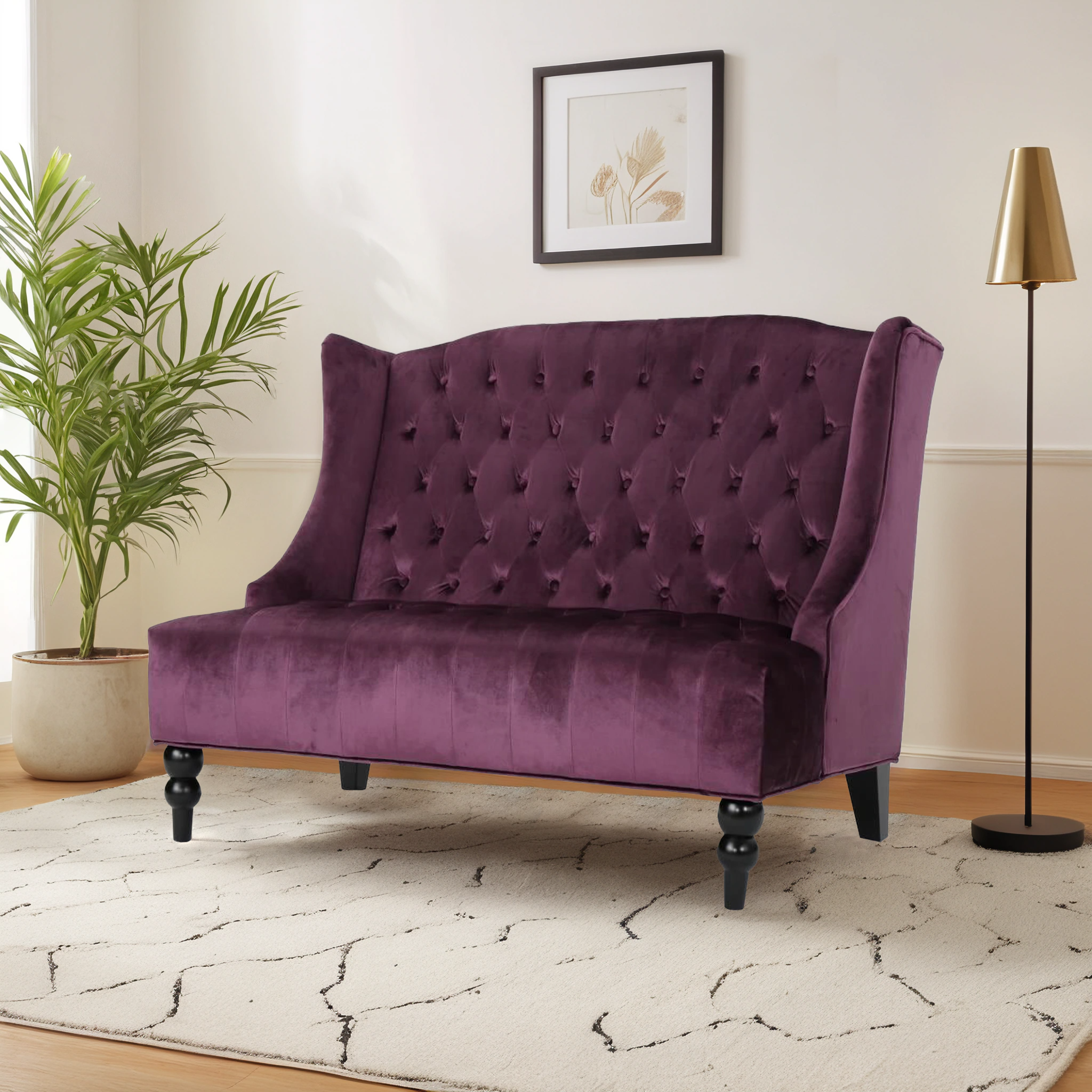 High Wingback Glam Raisin Velvet 2-Seat Sofa with Diamond Tuft Design