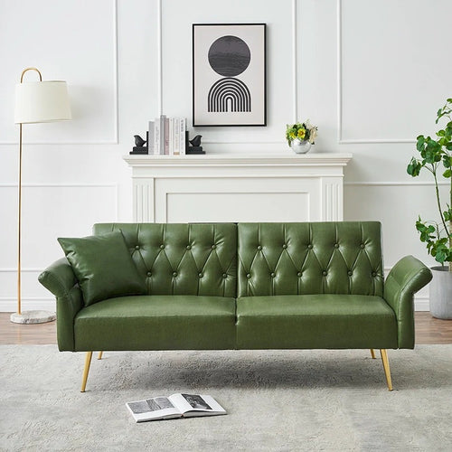 Green tufted leather sofa bed with rolled arms and gold legs in modern living room - Elirian