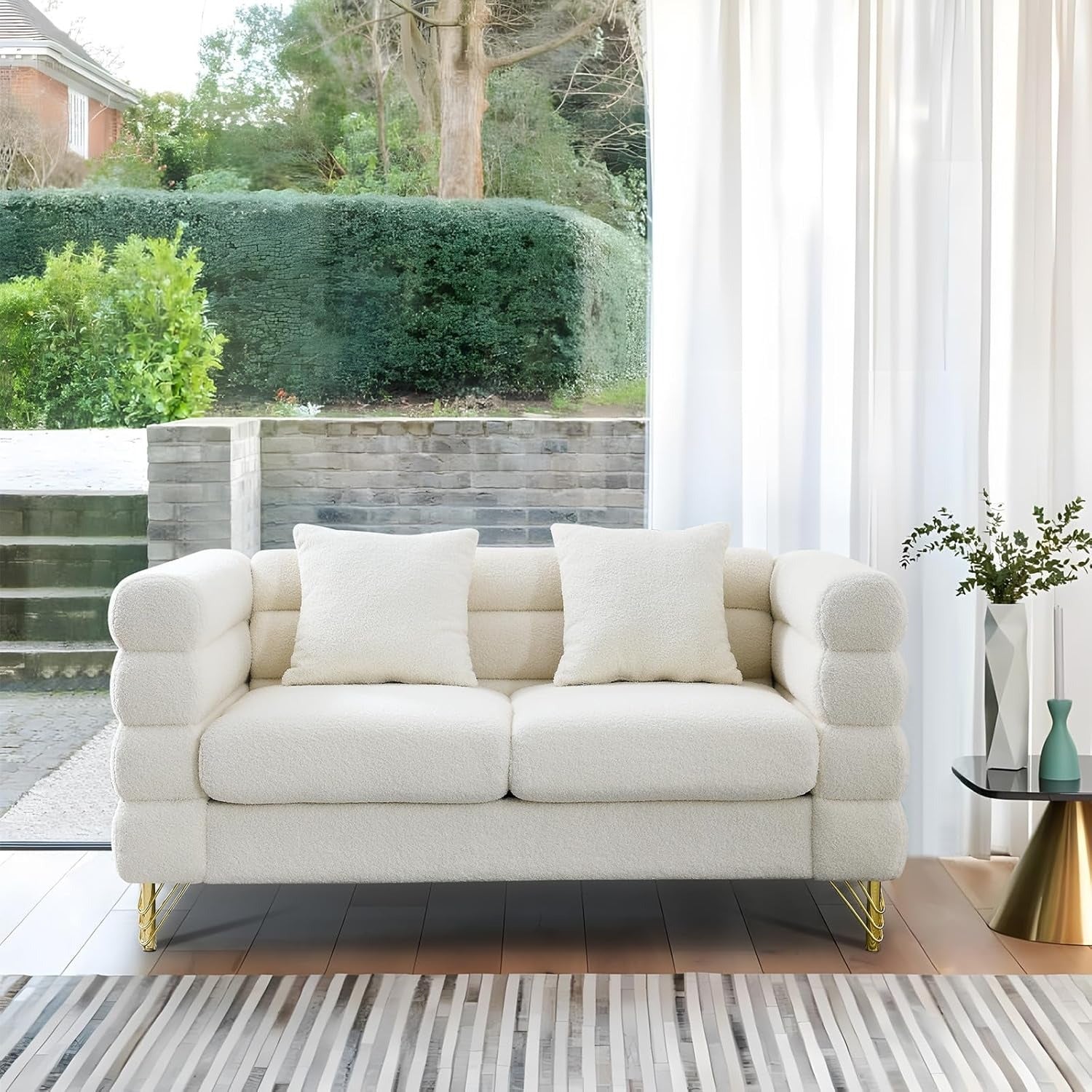 Overstuffed Modern Ivory 2-Seater Loveseat with Plush Boucle Fabric & 2 Pillows