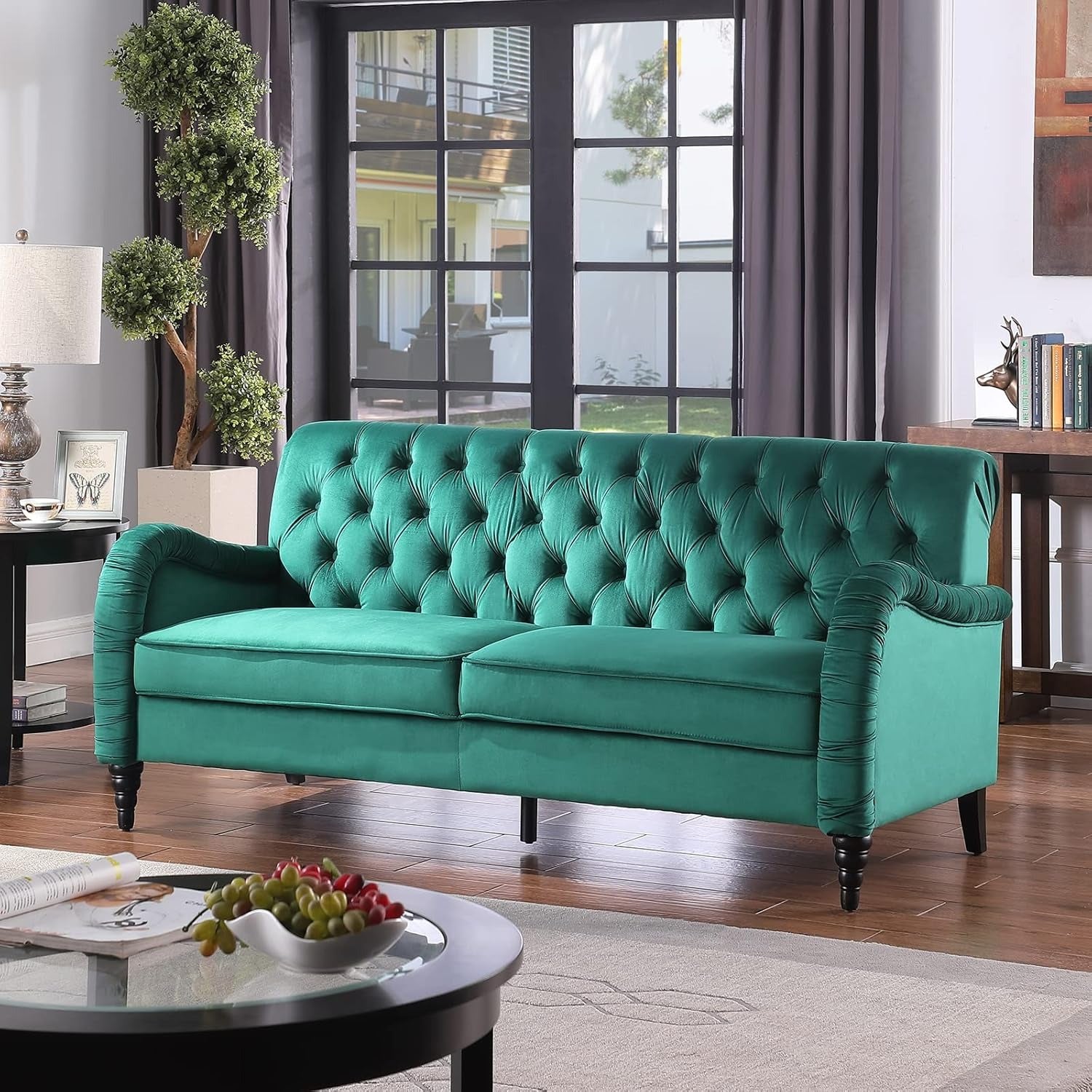 Canapé Chesterfield 3 places vert foncé, style Mid-Century, capitonné