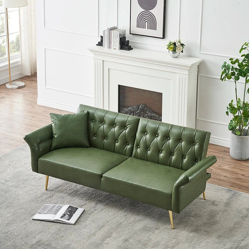Green waterproof leather sofa bed with tufted convertible design and wooden legs - Elirian