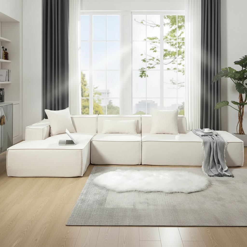 Modern Beige L-Shaped Sectional Tofu Block Sofa - Left-Hand Facing Chaise
