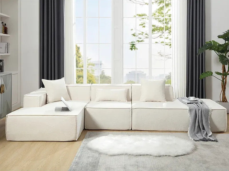Modern beige L-shaped sectional sofa with left-hand chaise, contemporary furniture - Elirian