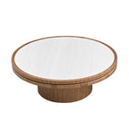 Sintered Stone Round Coffee Table with Walnut Pedestal Base - Elirian