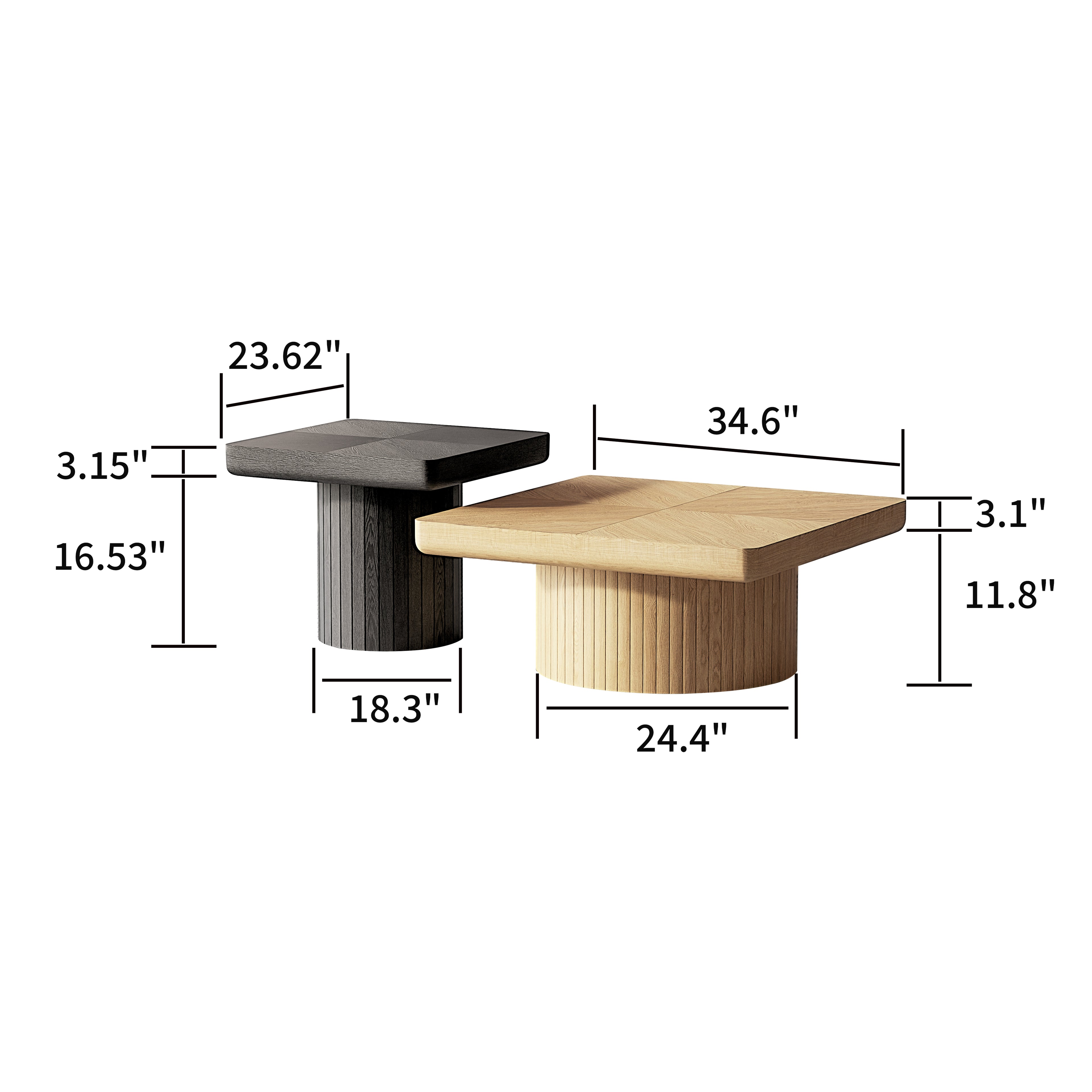 Nesting Coffee Table Set with Fluted Pedestal, Natural Wood & Black - Elirian