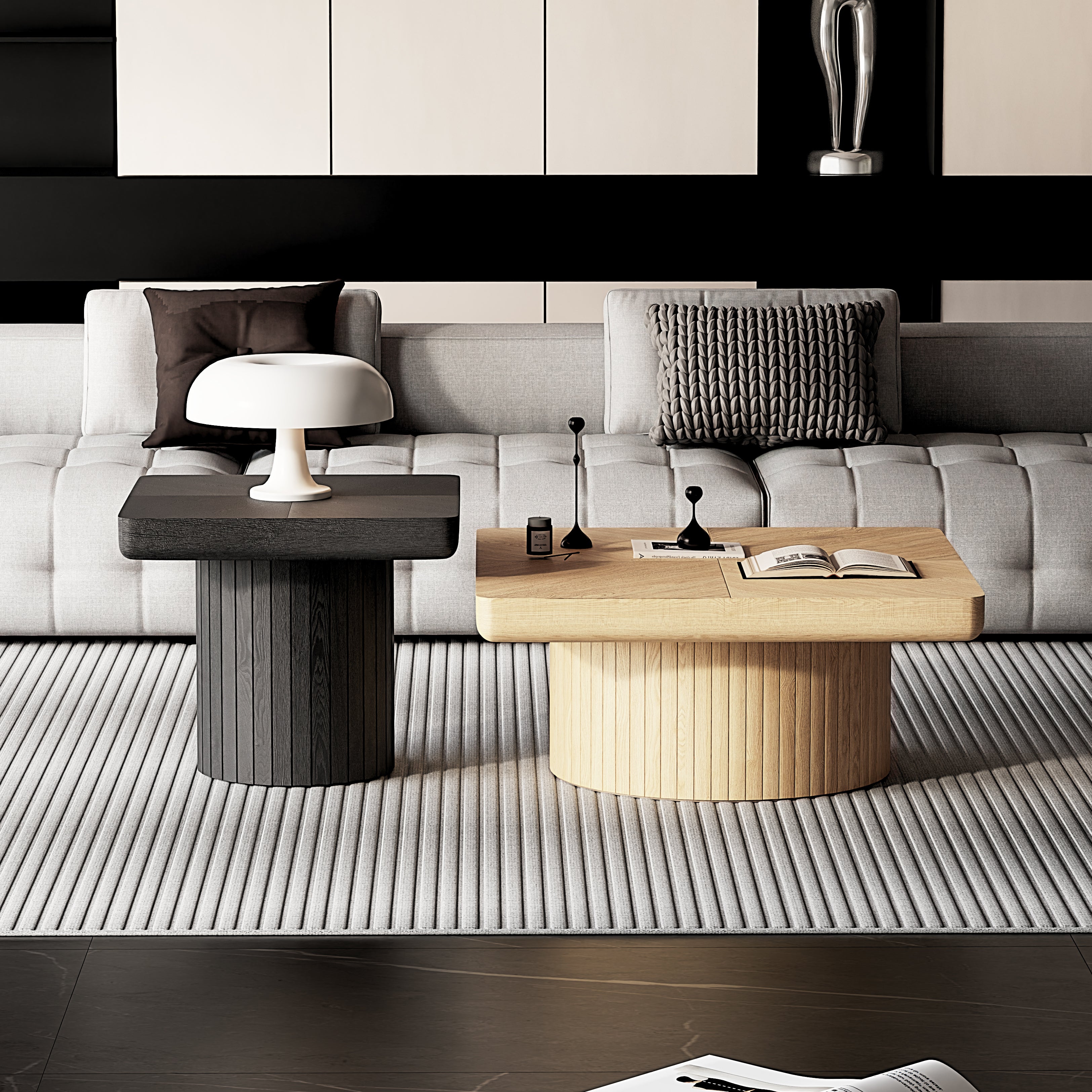 Nesting Coffee Table Set with Fluted Pedestal, Natural Wood & Black - Elirian