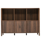 Walnut Fluted 3-Door Storage Cabinet with Open Display Shelves - Elirian