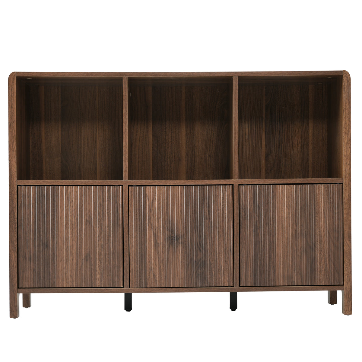 Walnut Fluted 3-Door Storage Cabinet with Open Display Shelves - Elirian