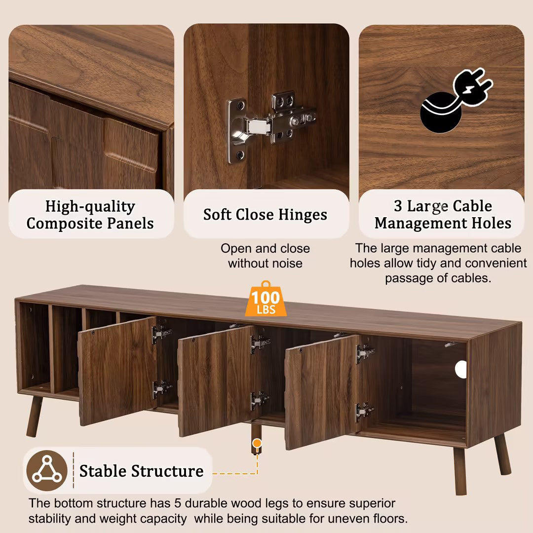 Walnut Mid-Century Modern TV Stand with Solid Wood Legs - Elirian