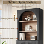 Black Arched Bookcase with Storage Cabinet and Open Display Shelves - Elirian