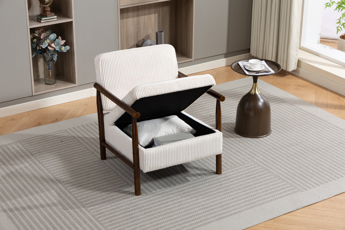 Mid Century Corduroy Storage Accent Chair with Solid Wood Frame - Elirian