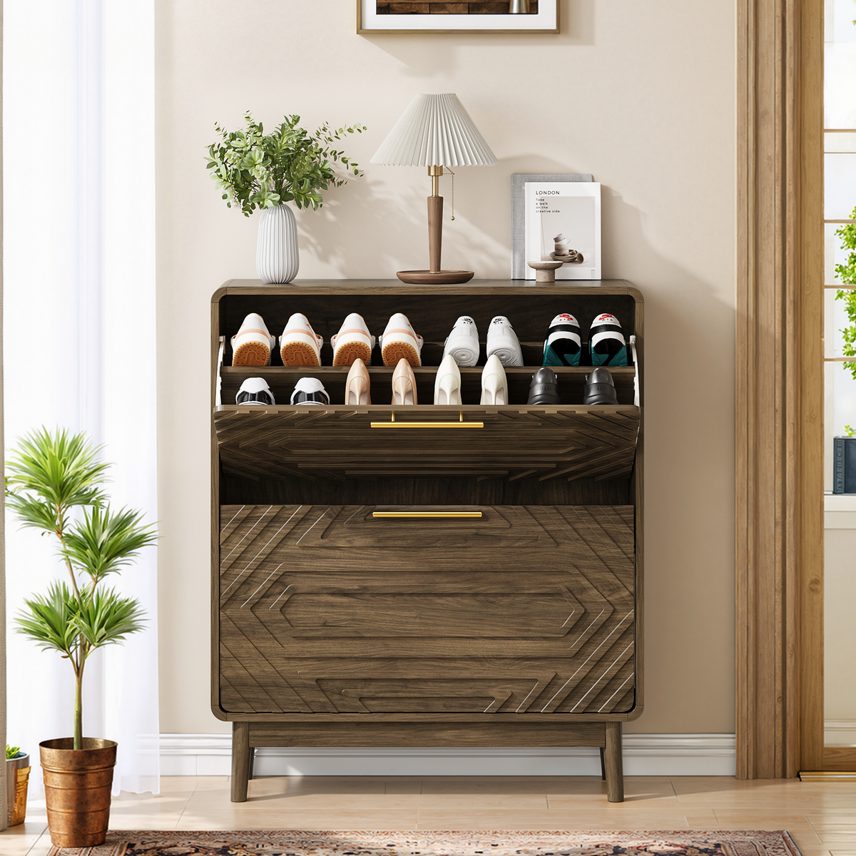 Walnut Mid-Century Shoe Cabinet with Flip-Top Drawers - Elirian
