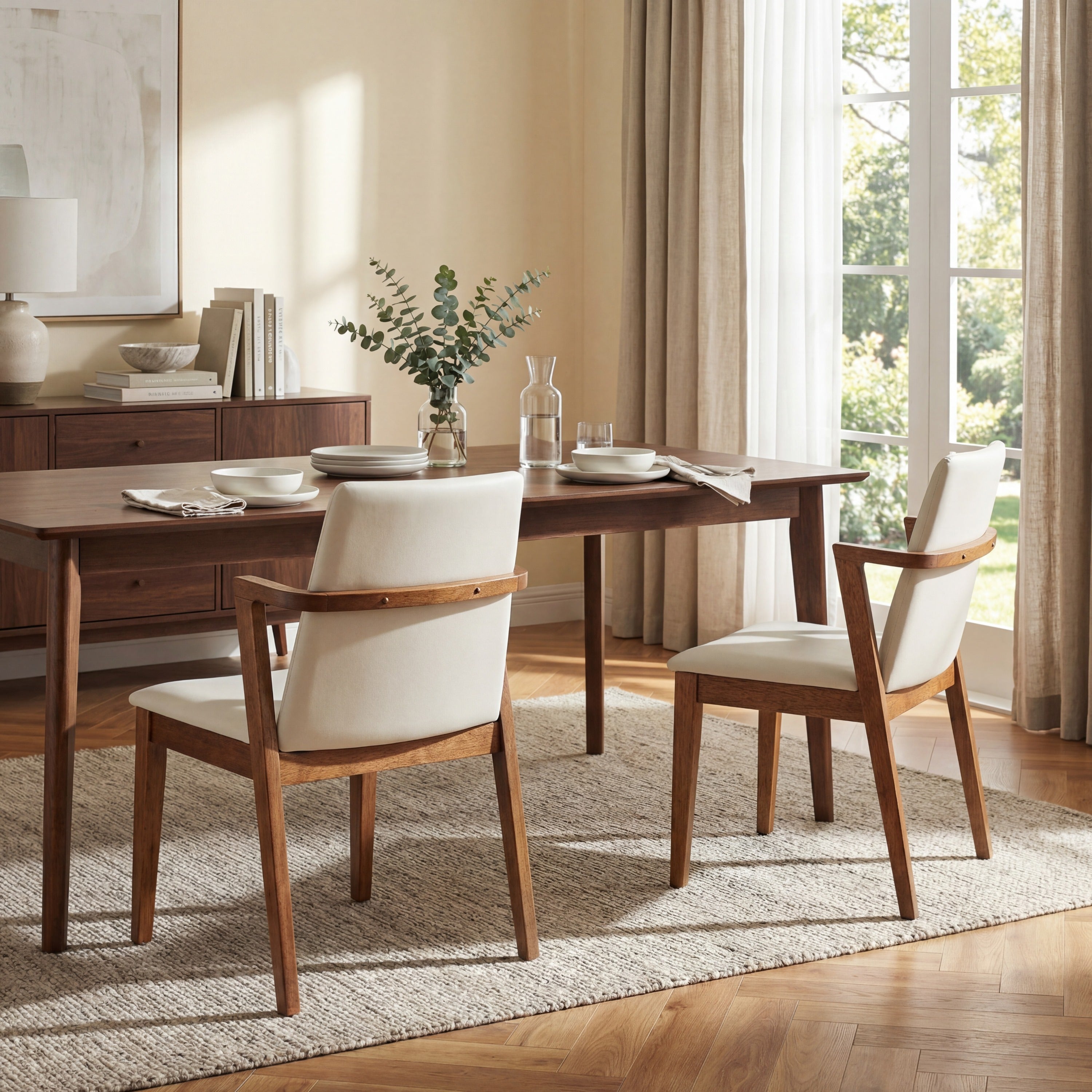 Mid-Century Modern Dining Armchairs, Beige & Walnut (Set of 2) - Elirian