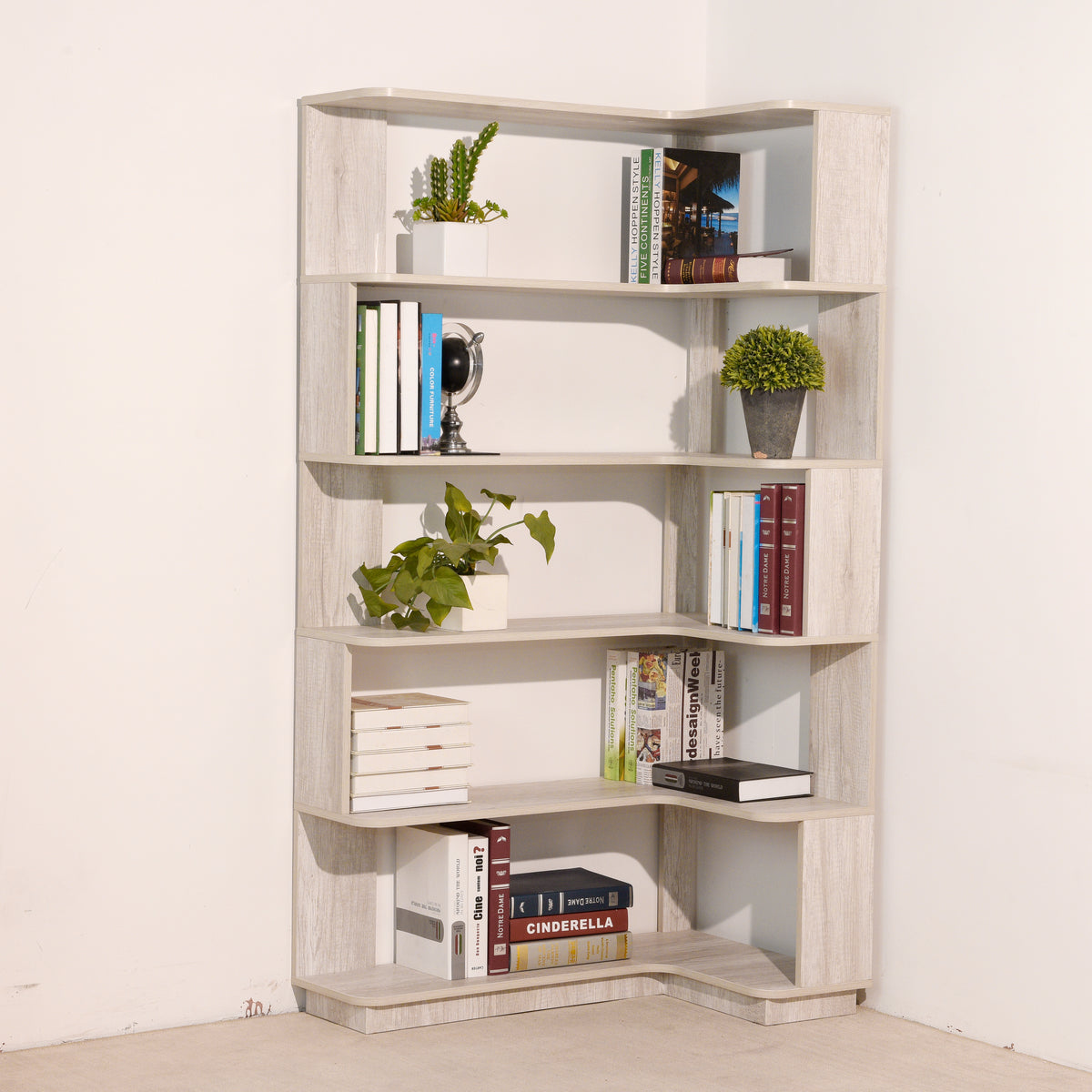 Light Gray Freestanding Corner Bookshelf with Anti-Tip Safety Design - Elirian