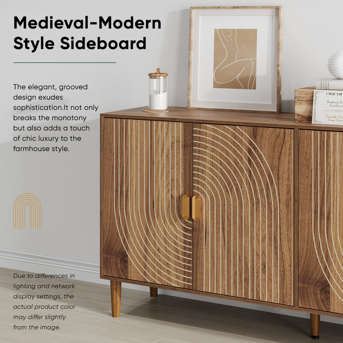 62.6-Inch Walnut Sideboard with Grooved 4-Door Storage - Elirian