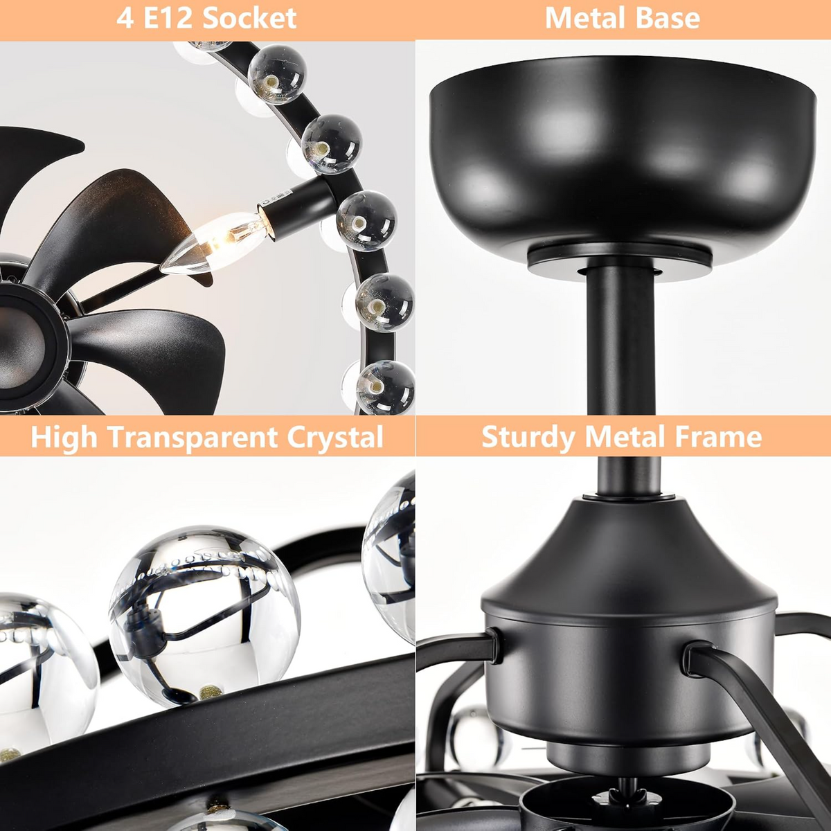 Black Crystal Caged Ceiling Fan with Light and Remote - Elirian