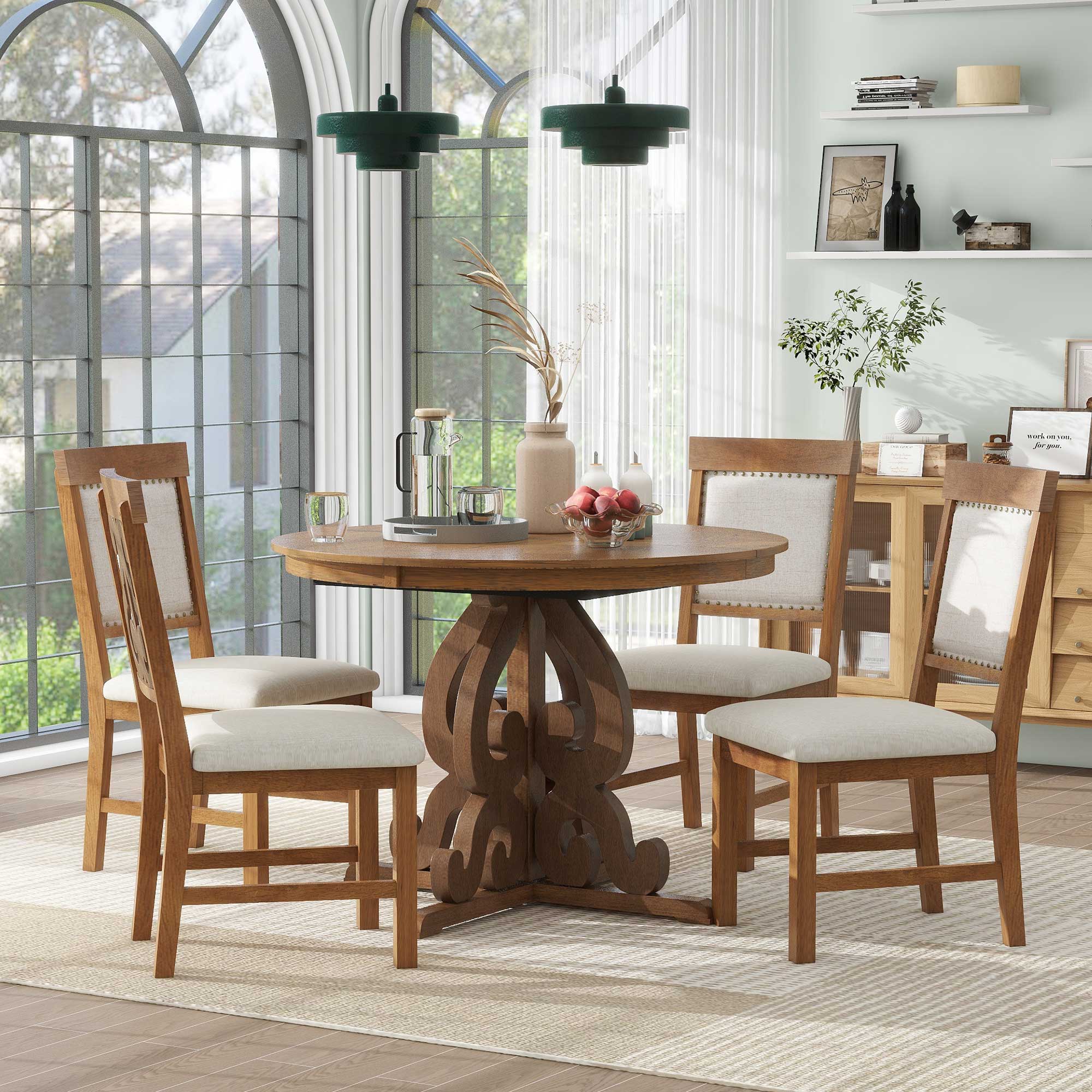 Retro Extendable Dining Set with 4 Upholstered Chairs, Walnut - Elirian