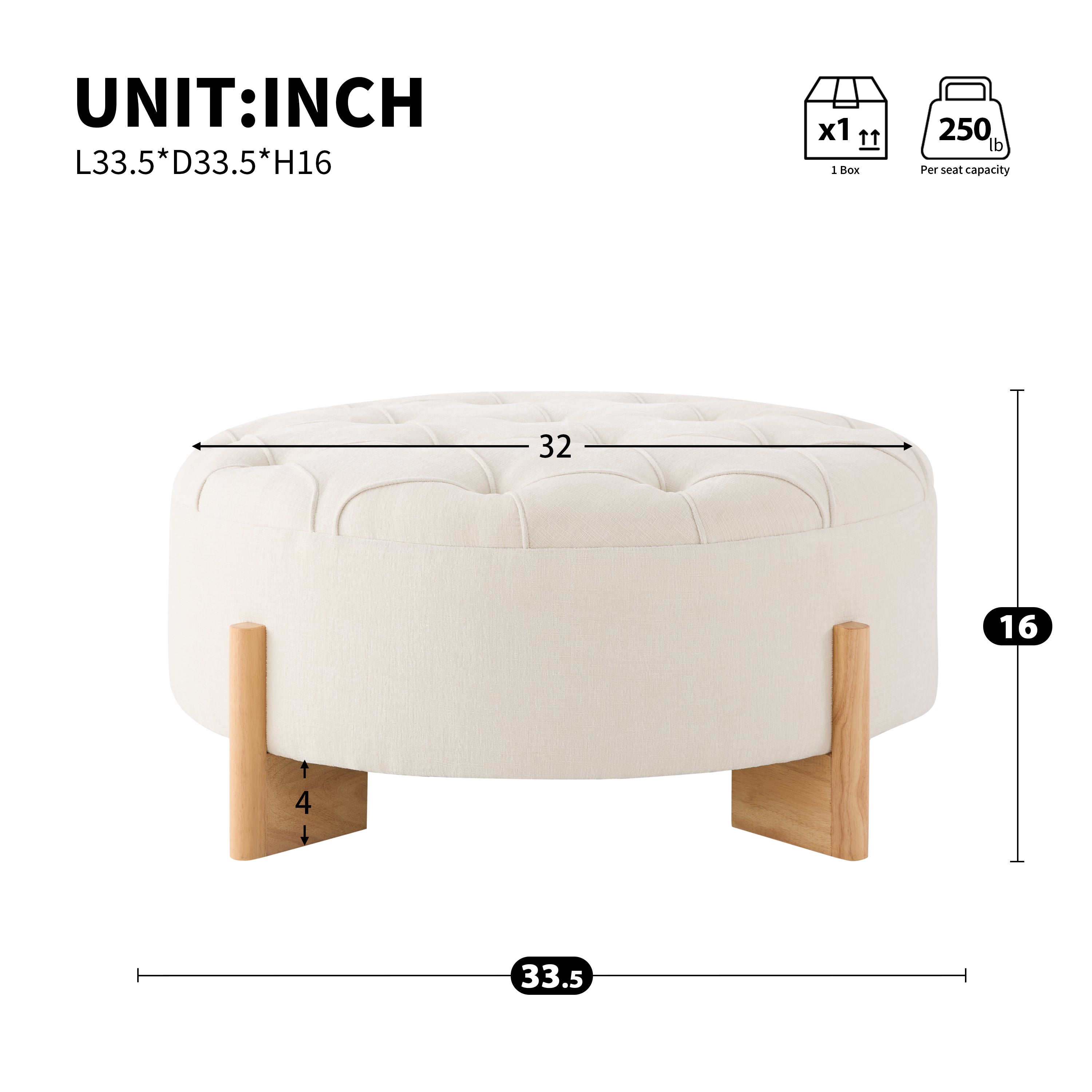 Round Tufted Chenille Ottoman with Solid Wood Legs, Beige - Elirian
