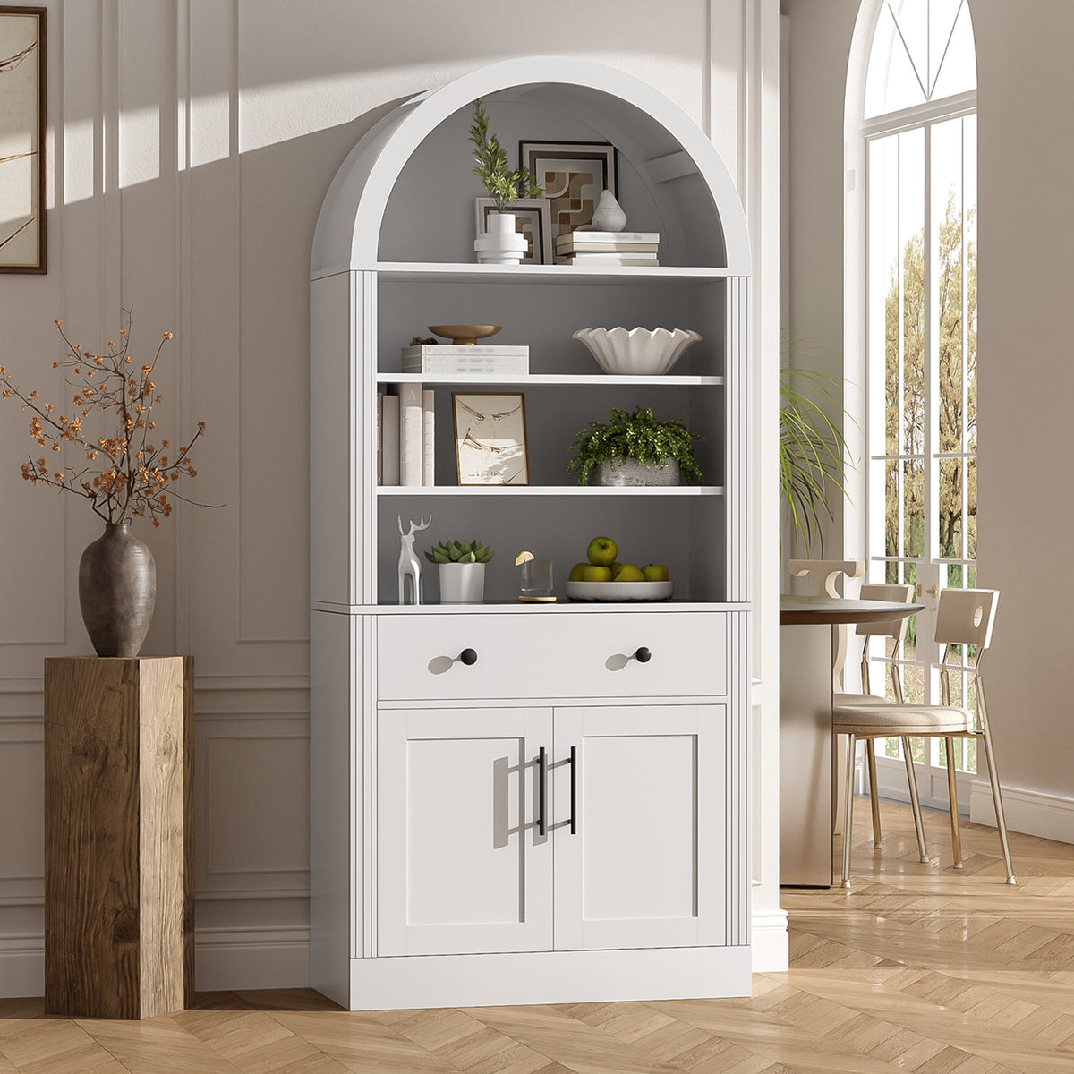 Arched White Bookshelf with Storage Cabinet and Adjustable Shelves - Elirian