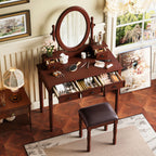 Vintage Walnut Vanity Desk Set with Adjustable Mirror & Velvet-Lined Drawers - Elirian