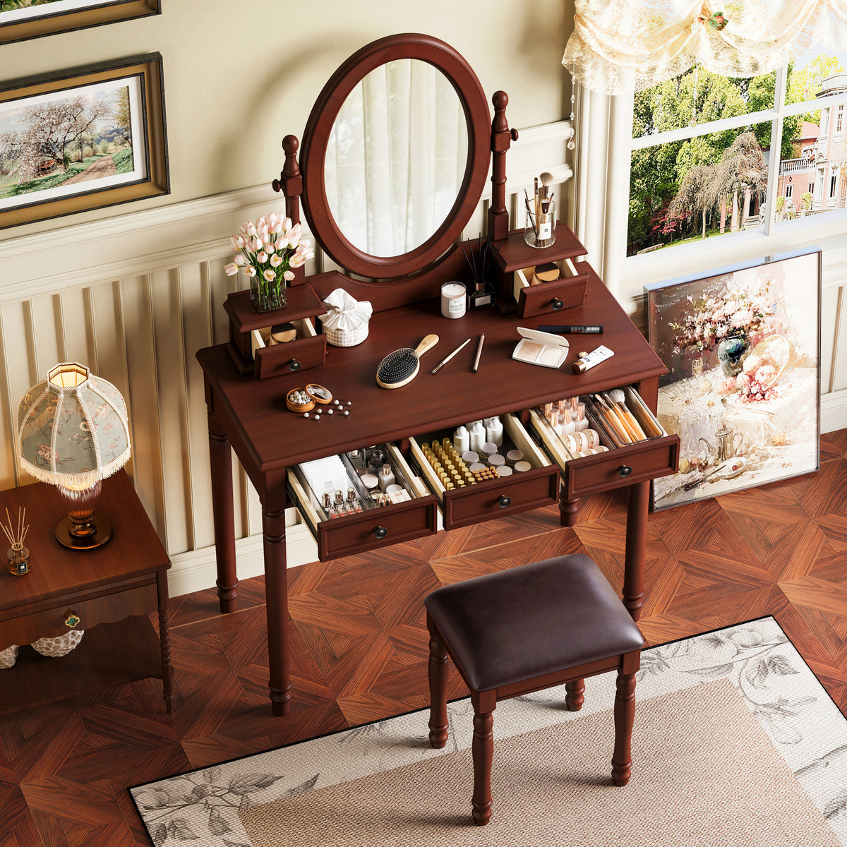 Vintage Walnut Vanity Desk Set with Adjustable Mirror & Velvet-Lined Drawers - Elirian