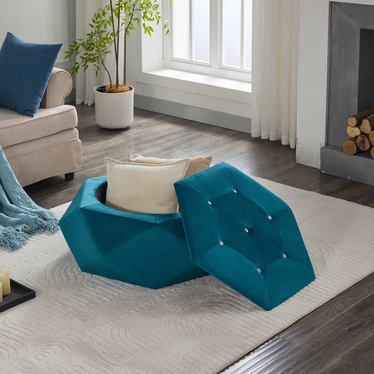 Velvet Diamond Tufted Storage Ottoman, Blue - Elirian