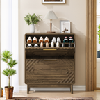 Walnut Mid-Century Shoe Cabinet with Flip-Top Drawers - Elirian
