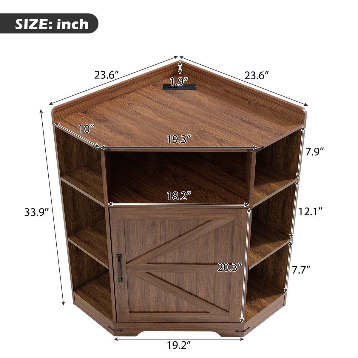 Walnut Corner Storage Cabinet with Charging Station and 6 Cubbies - Elirian