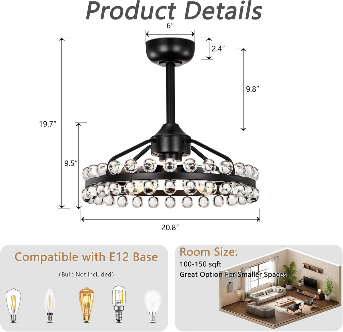 Black Crystal Caged Ceiling Fan with Light and Remote - Elirian