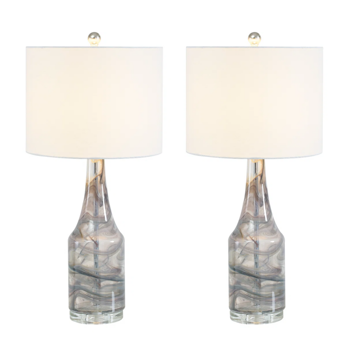 Grey Glass Table Lamp Set of 2 with Crystal Base and Linen Shade - Elirian