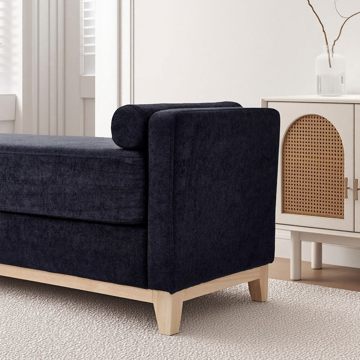 Sherpa Fleece Upholstered Bench with Bolster Pillows, Black - Elirian