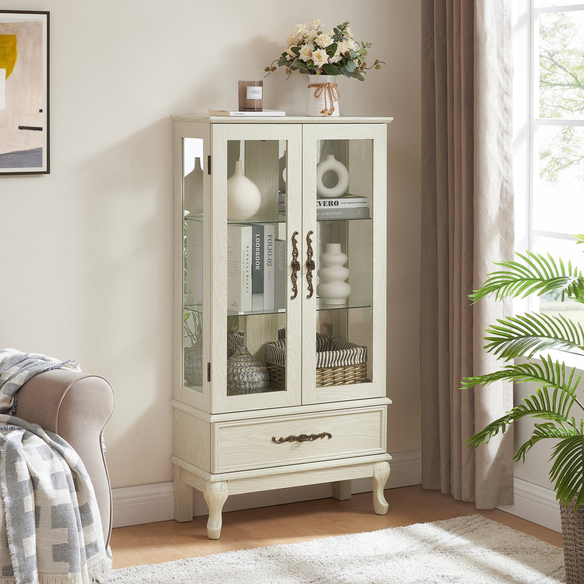 Antique White Lighted Curio Cabinet with Glass Doors and Adjustable Shelves - Elirian